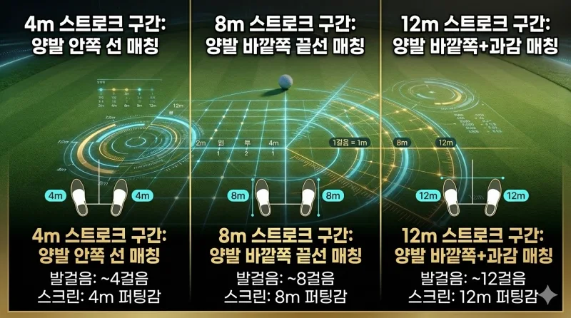 필드 퍼팅 발걸음 거리 측정 데이터와 4m 8m 12m 스트로크 구간 분석 도표