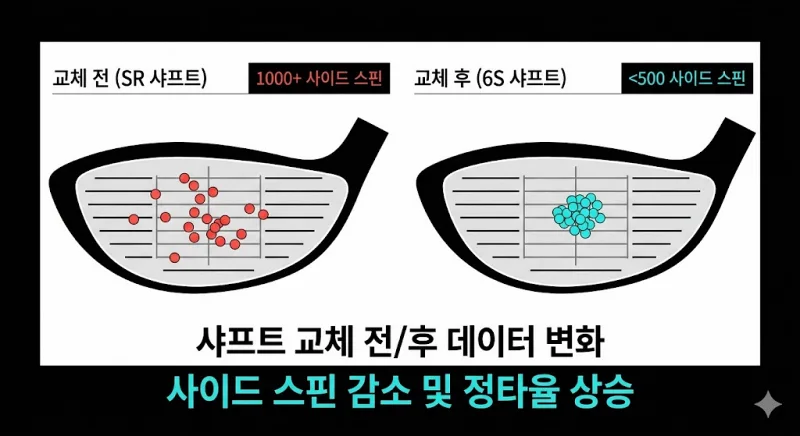 샤프트 강도 교체 전후 사이드 스핀 및 정타율 변화 비교 데이터 도표