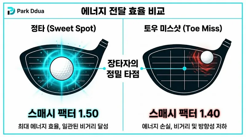 드라이버 스매시 팩터 1.50 정타와 1.40 토우 미스샷 에너지 전달 효율 비교 도표