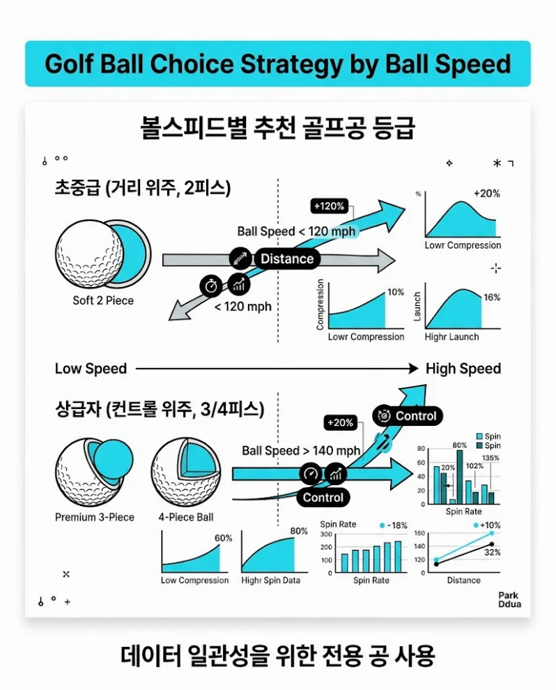 볼스피드별 골프공 선택 전략 2피스 3피스 데이터 도표