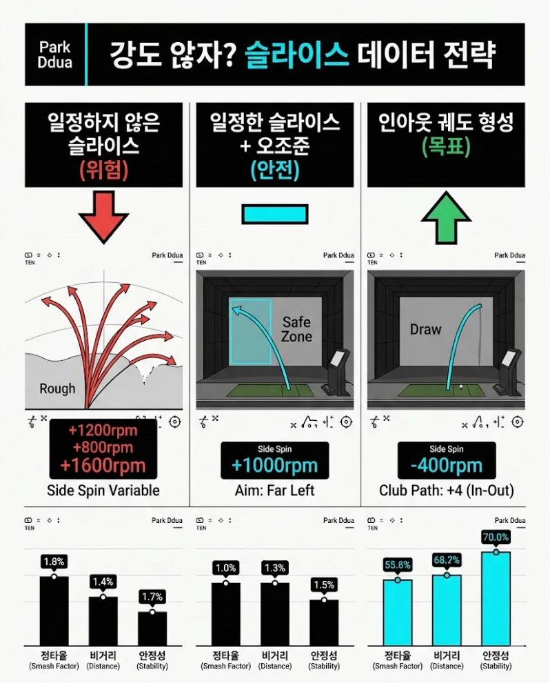 골프 클럽 패스 사이드 스핀 인아웃 궤도 데이터 분석 도표