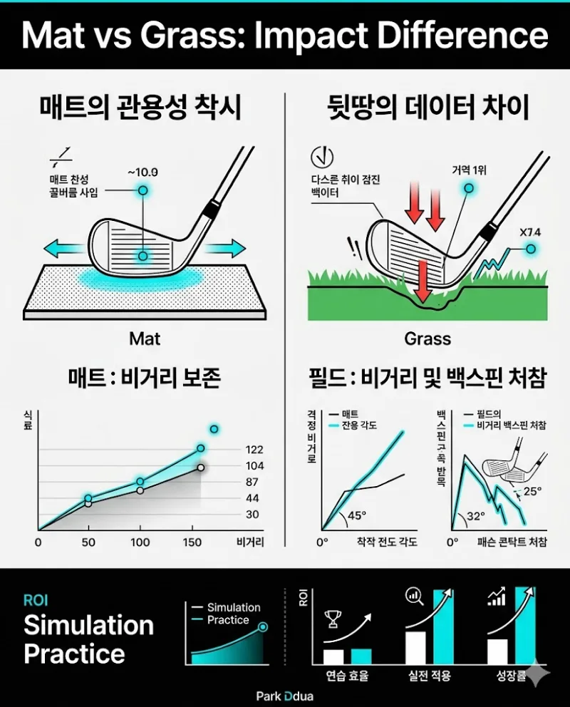 골프 매트 잔디 뒷땅 타격 데이터 비교 도표 관용성 착시