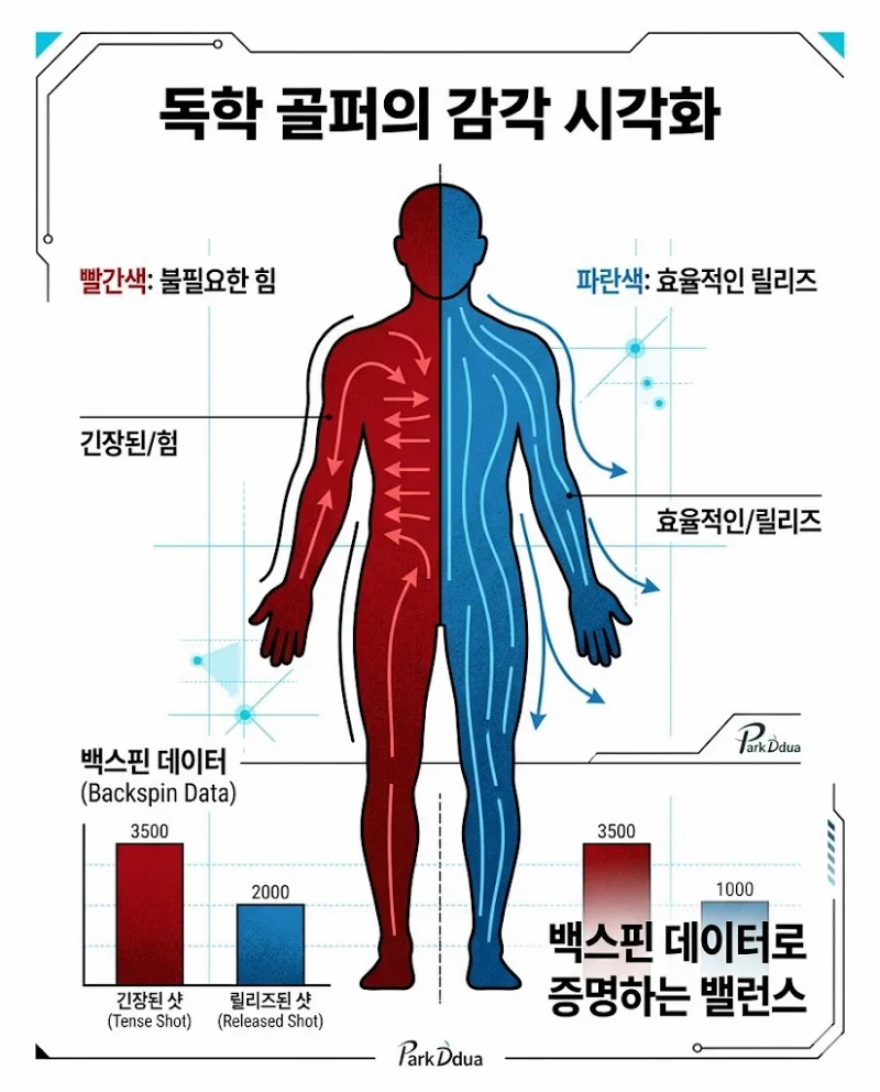 골프 독학시 근육 힘 조절 시각화 도표 빨간색 파란색 에너지 효율