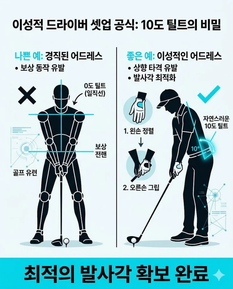 드라이버 올바른 셋업 틸트 비교 및 볼 위치 데이터 도표