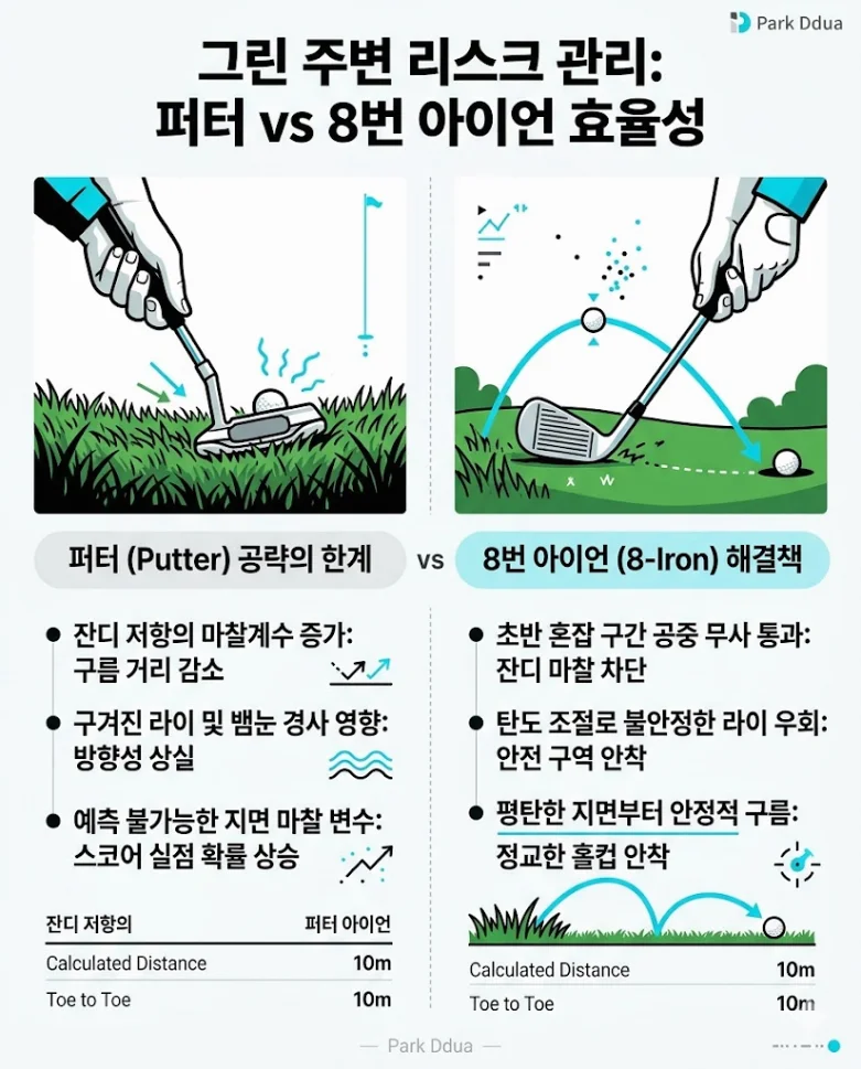 그린 주변 프린지 퍼터 대 아이언 공략 성공 확률 비교 도표