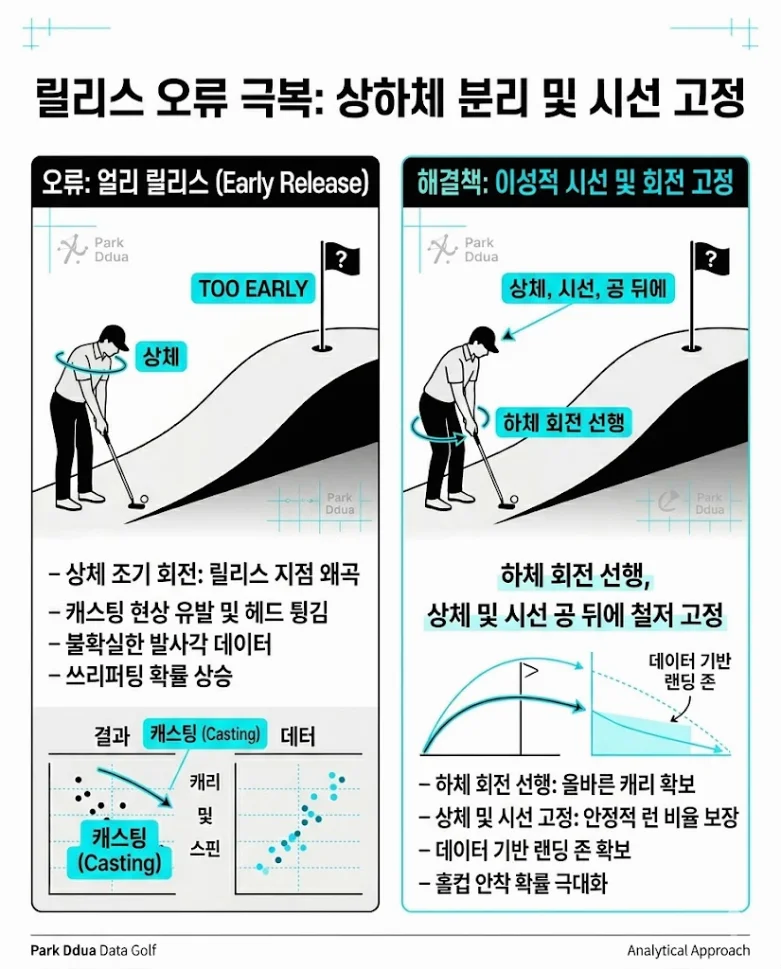 다운스윙 캐스팅 방지 상하체 분리 시선 고정 비교 데이터 도표