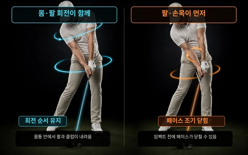 하체와 몸통보다 팔과 손목이 먼저 회전해 클럽 페이스가 닫히는 드라이버 훅 발생 과정