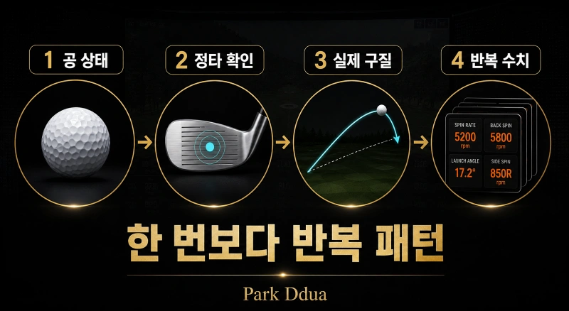 공 상태, 정타, 실제 구질과 반복 수치로 스크린골프 스핀 이상을 확인하는 4단계 도표
