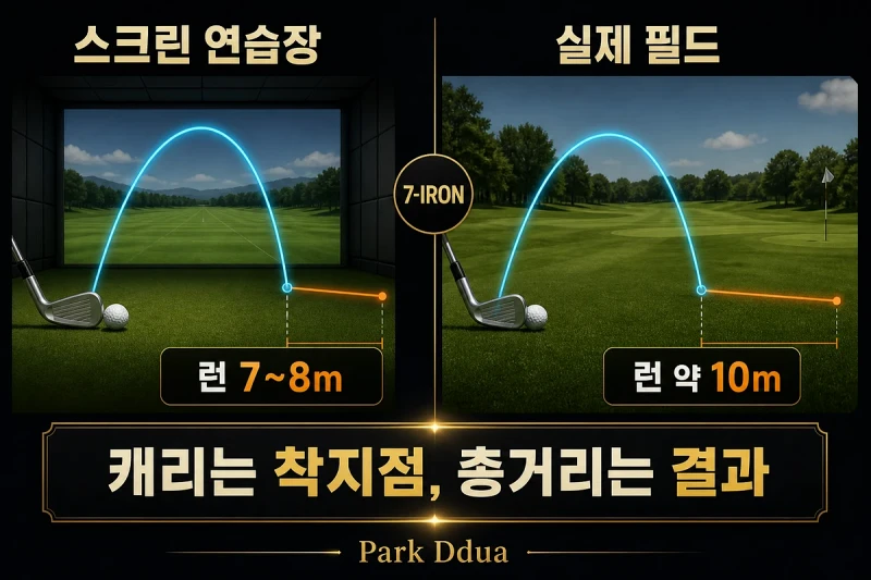 7번 아이언의 스크린 연습장 런 7~8m와 실제 필드 약 10m를 비교한 도표
