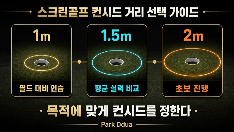 스크린골프 컨시드 1m, 1.5m, 2m 설정을 비교한 도표