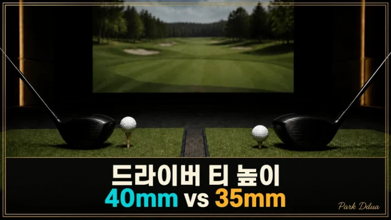 스크린골프 매트에서 드라이버 헤드와 공으로 40mm와 35mm 티 높이를 비교하는 모습