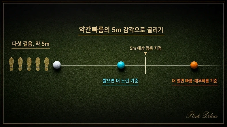 다섯 걸음을 약 5m로 보고 공이 짧거나 멀리 멈춘 위치로 필드 그린 빠르기를 비교하는 도표