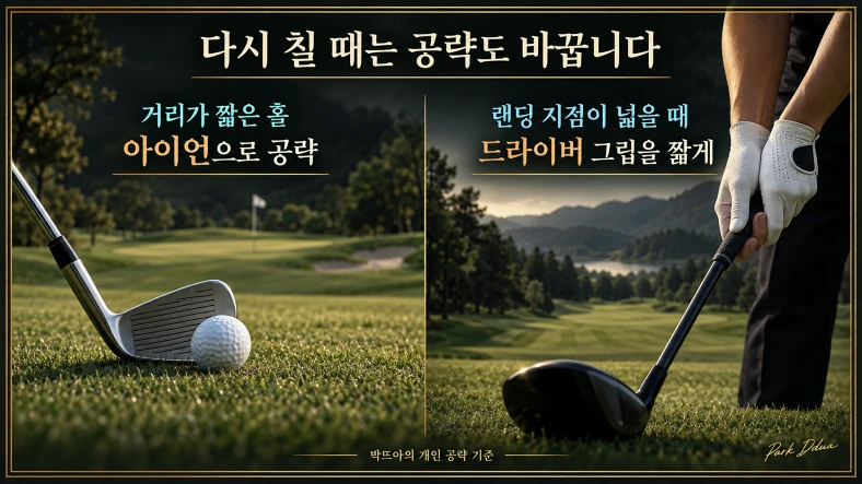 짧은 홀에서는 아이언을 선택하고 랜딩 지점이 넓을 때는 드라이버 그립을 짧게 잡는 개인 공략 비교
